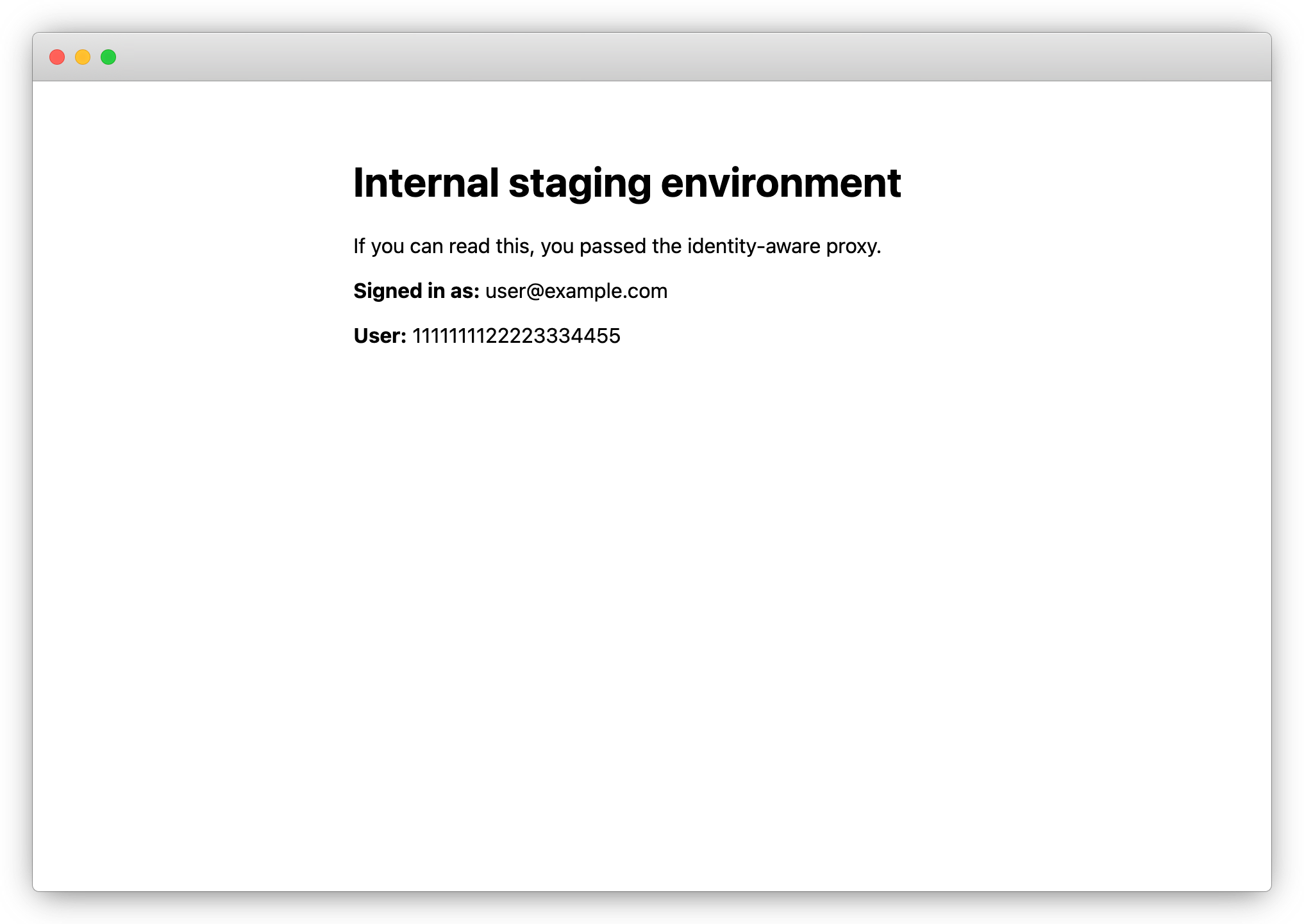 Internal Kubernetes staging environment protected by oauth2-proxy, showing the signed-in Google Workspace address passed to the application in the X-Auth-Request-Email header